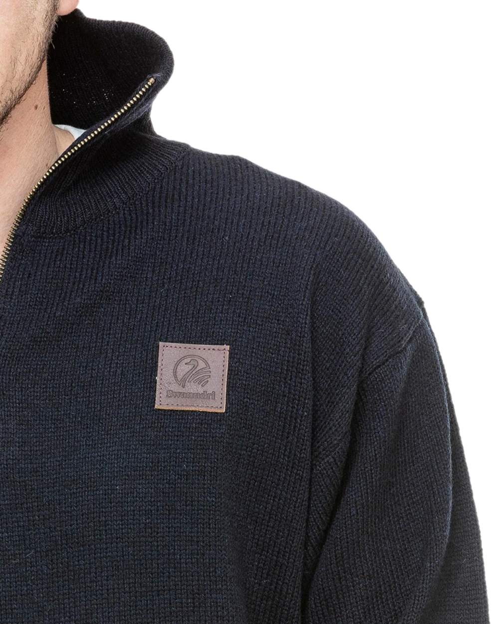 Navy Coloured Swanndri Mens Mariner Wool Zip Neck Sweater on white background 