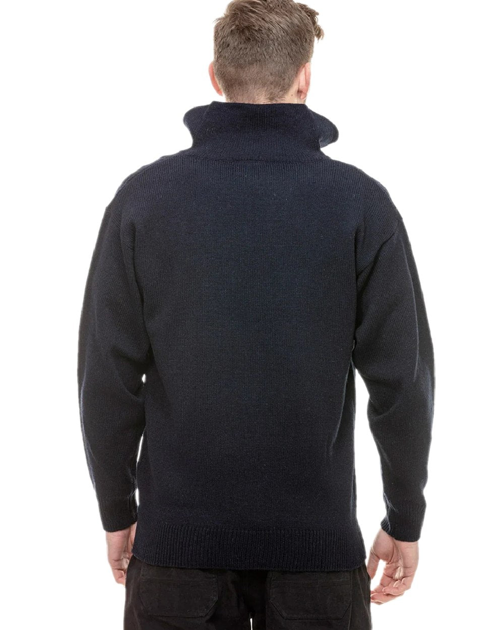 Navy Coloured Swanndri Mens Mariner Wool Zip Neck Sweater on white background 