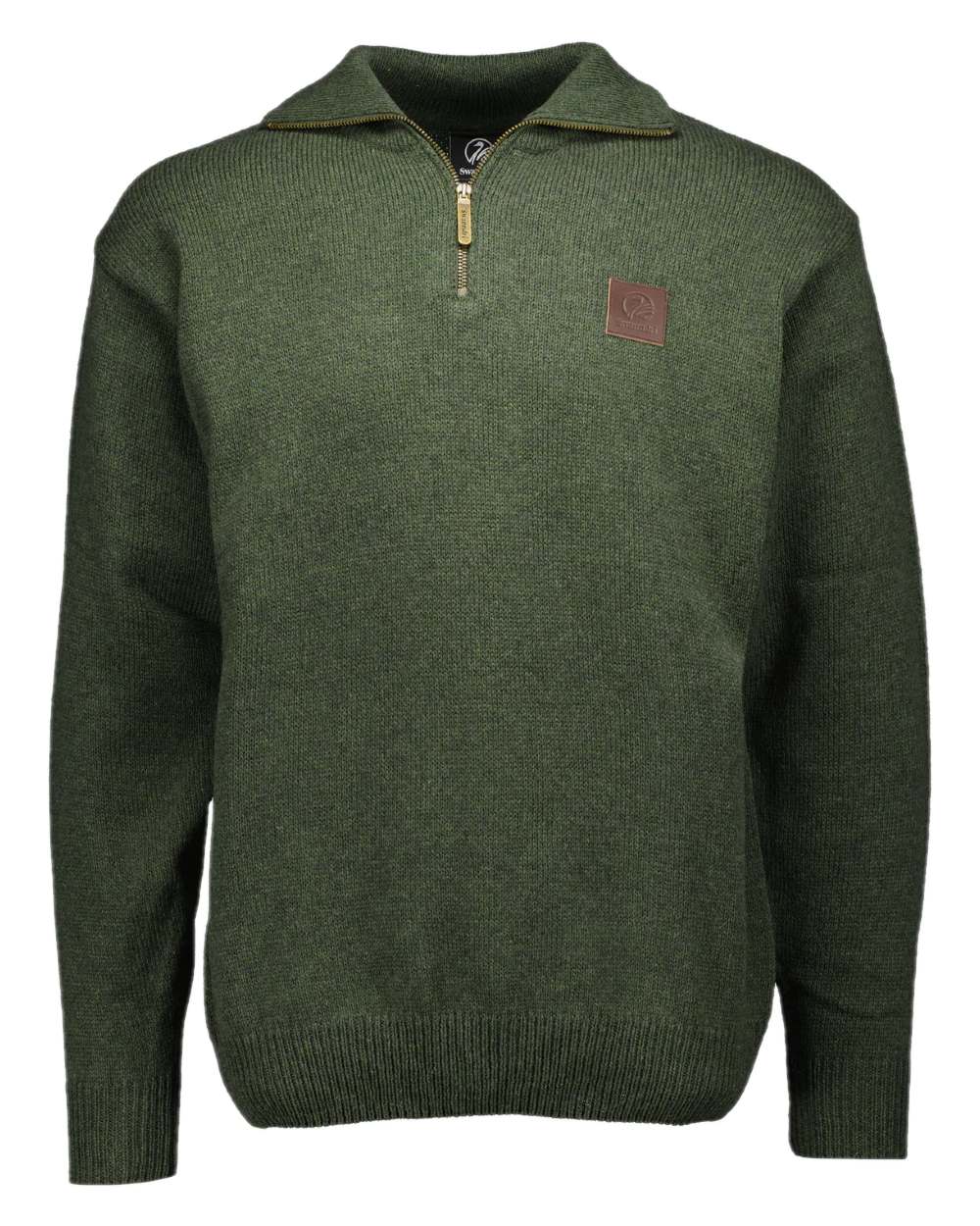 Olive Coloured Swanndri Mens Mariner Wool Zip Neck Sweater on white background 