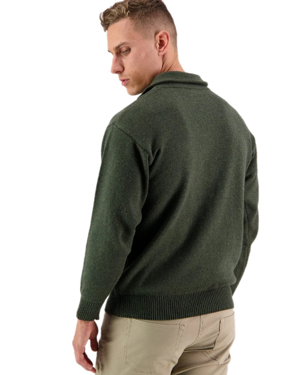 Olive Coloured Swanndri Mens Mariner Wool Zip Neck Sweater on white background 