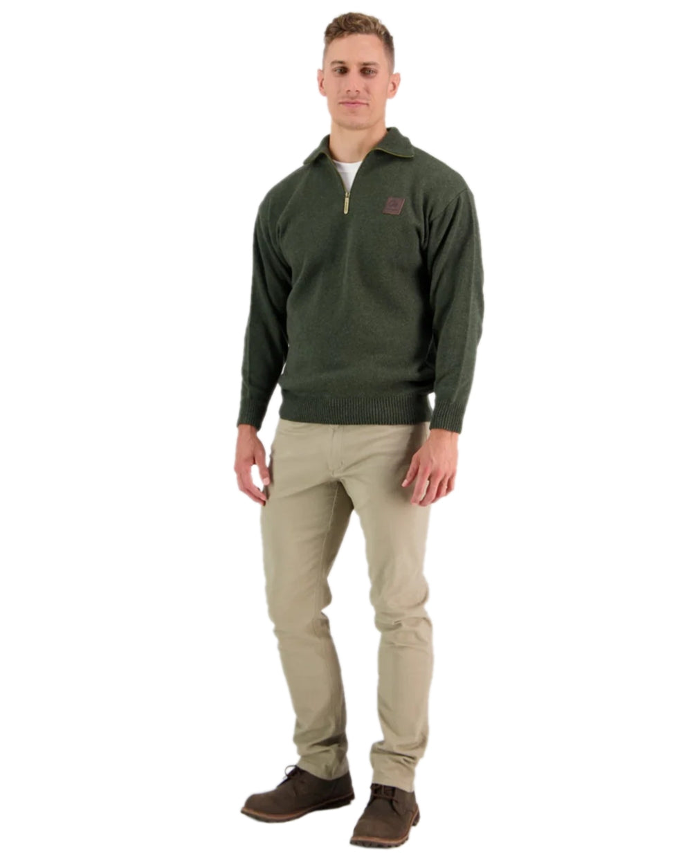 Olive Coloured Swanndri Mens Mariner Wool Zip Neck Sweater on white background 