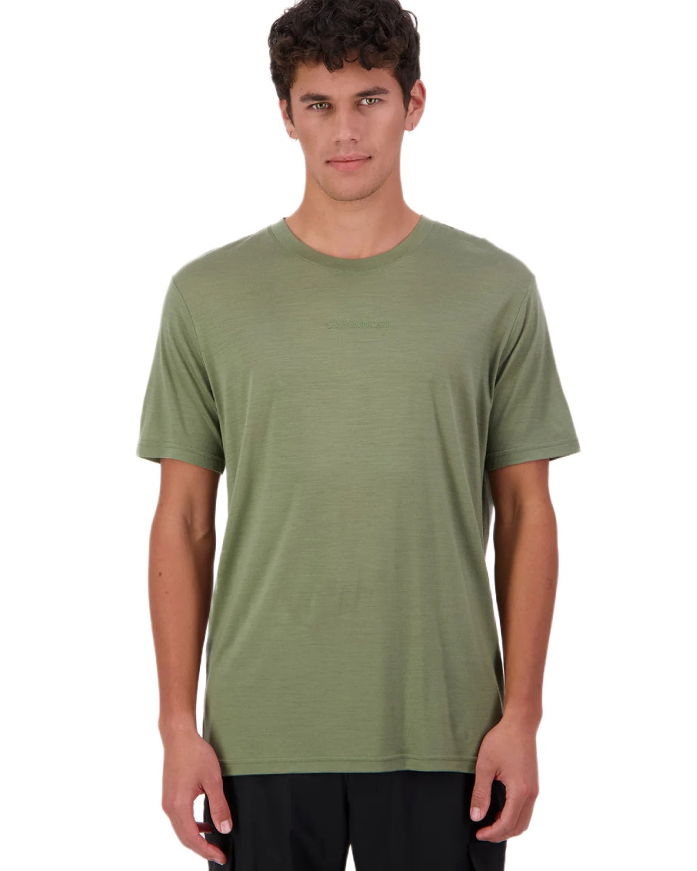 Clover Coloured Swanndri Mens Merino Fusion T-Shirt on white background 