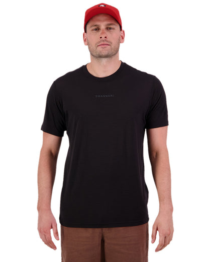 Black Coloured Swanndri Mens Merino Fusion T-Shirt on white background 