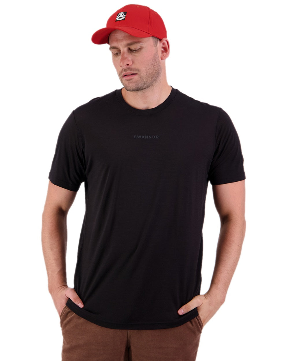 Black Coloured Swanndri Mens Merino Fusion T-Shirt on white background 