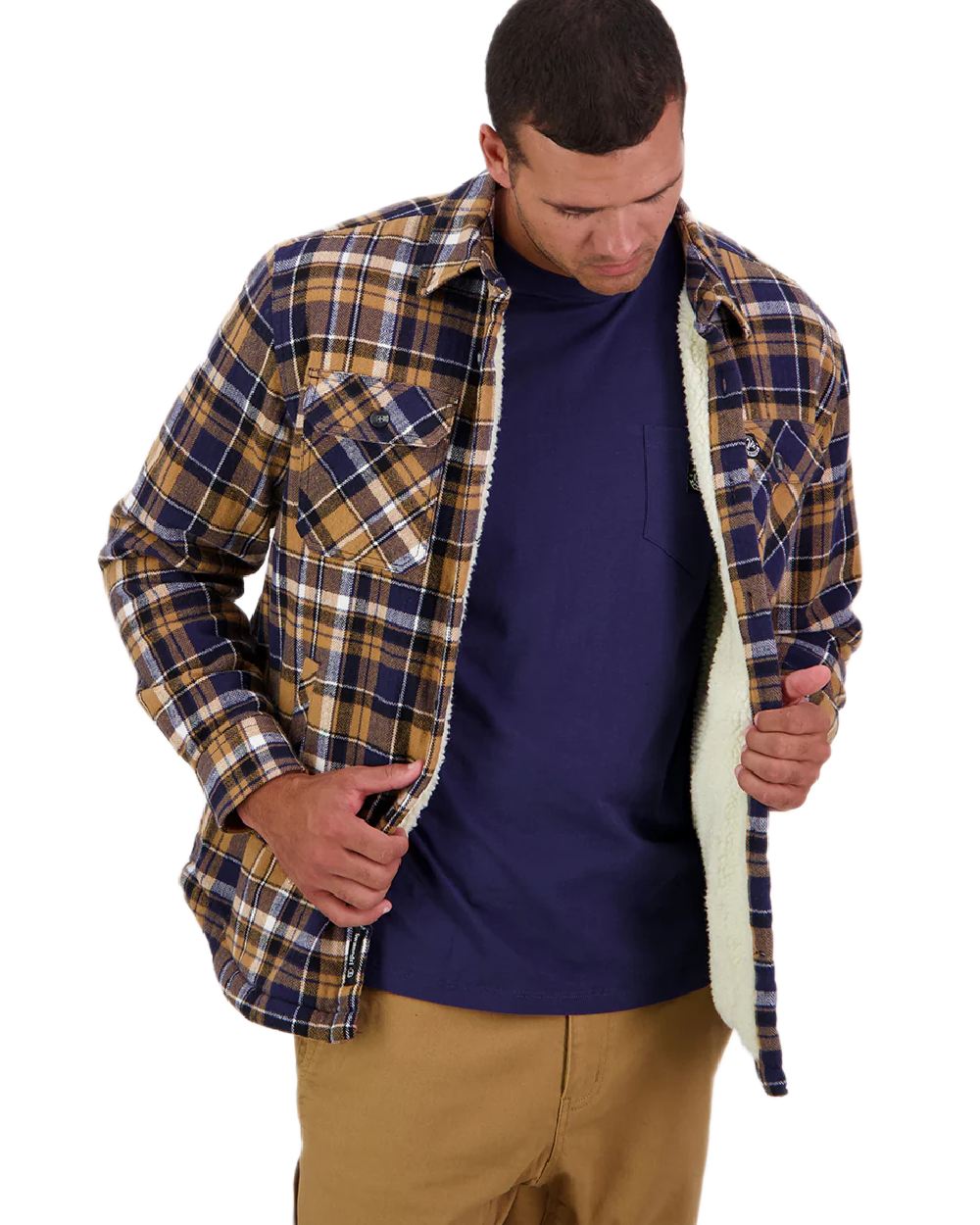 Navy Cashew Coloured Swanndri Mens Morven Sherpa Long Sleeve Shirt on white background 