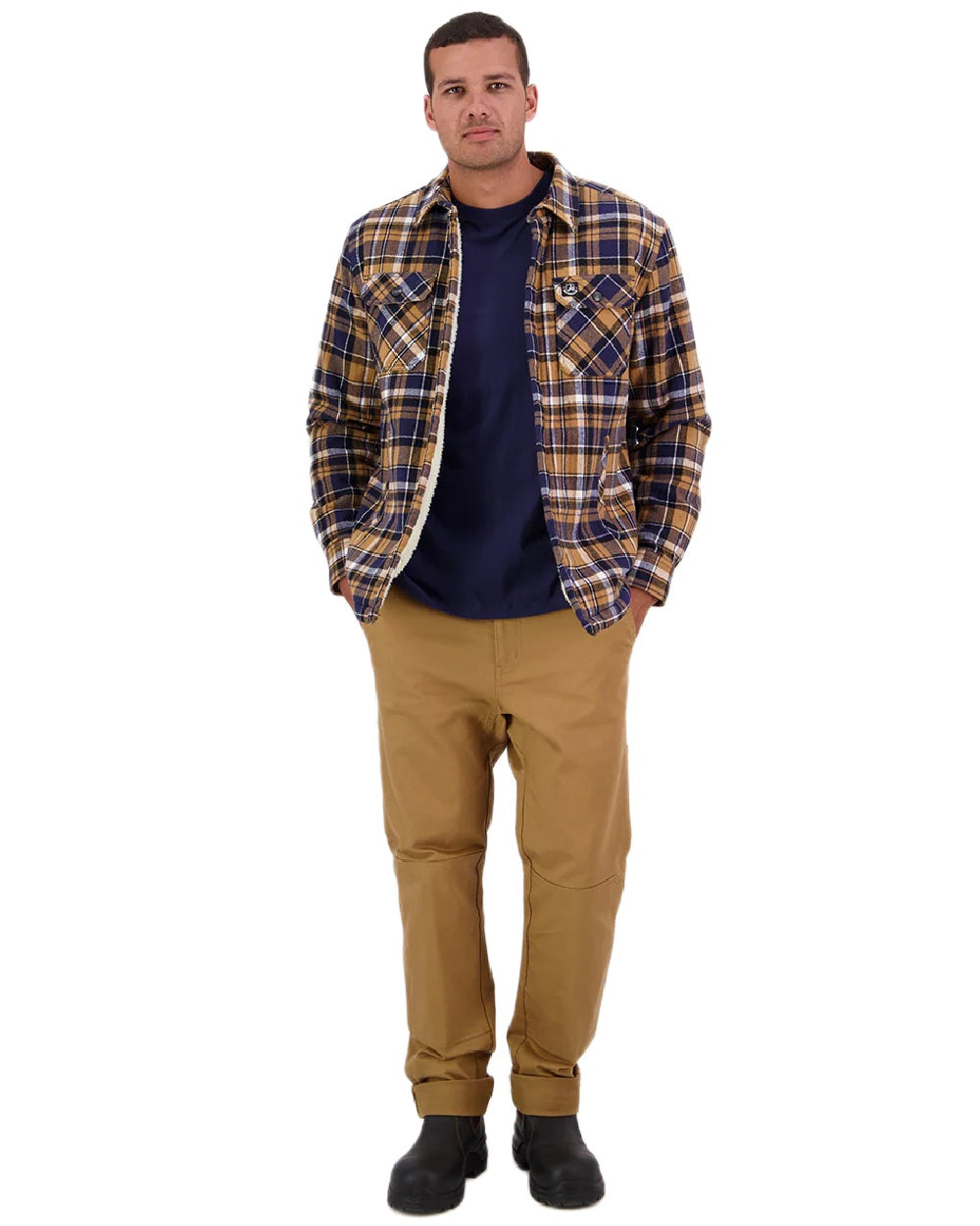 Navy Cashew Coloured Swanndri Mens Morven Sherpa Long Sleeve Shirt on white background 