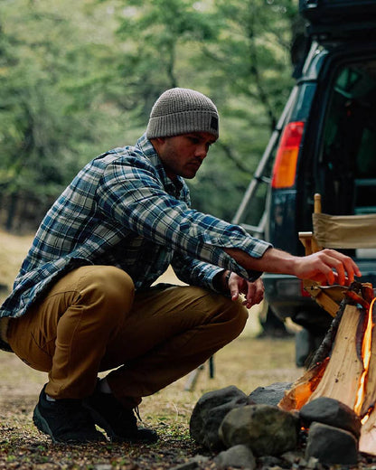 Navy Horizon Grey Coloured Swanndri Mens Morven Sherpa Long Sleeve Shirt on outdoor background 