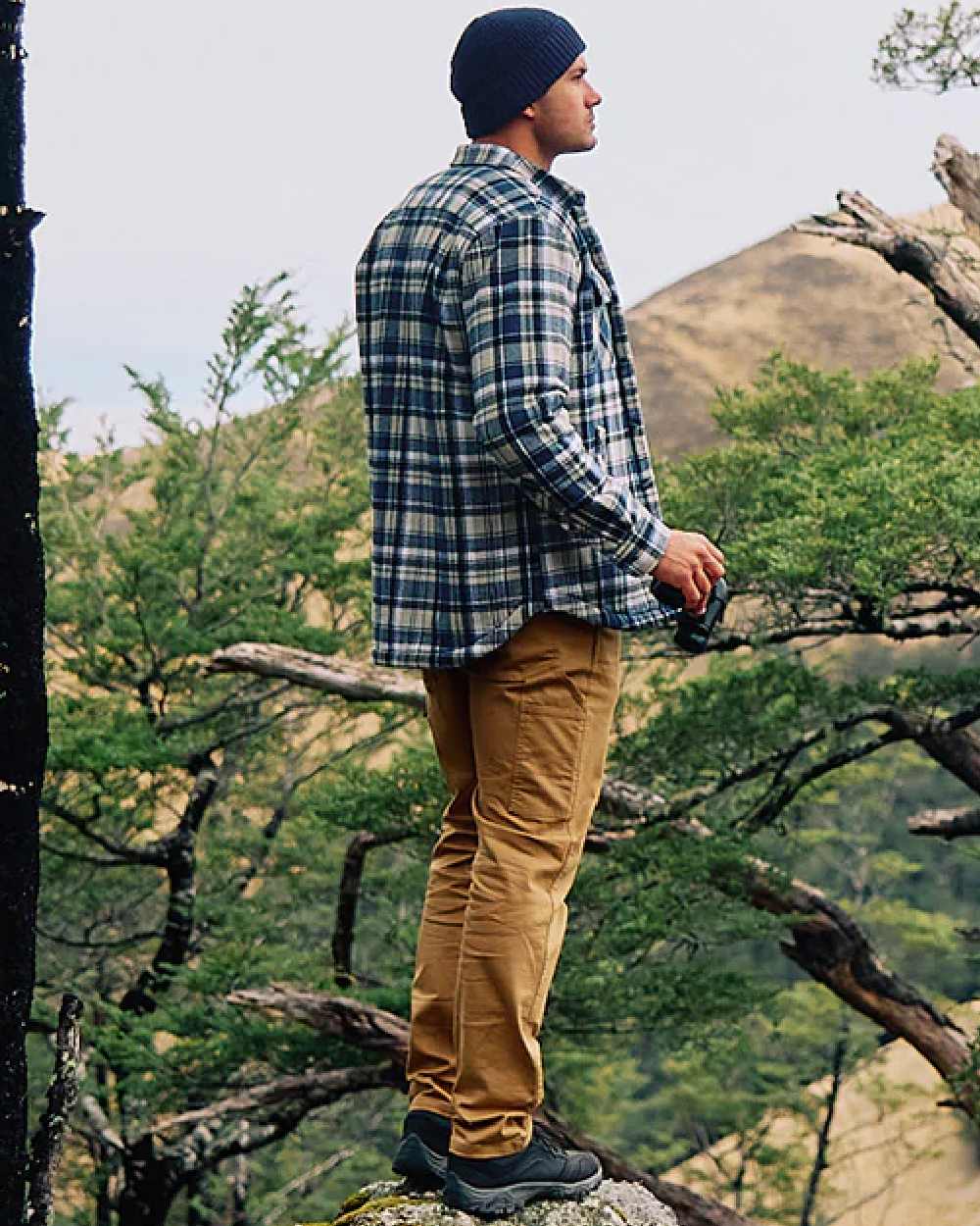 Navy Horizon Grey Coloured Swanndri Mens Morven Sherpa Long Sleeve Shirt on outdoor background 