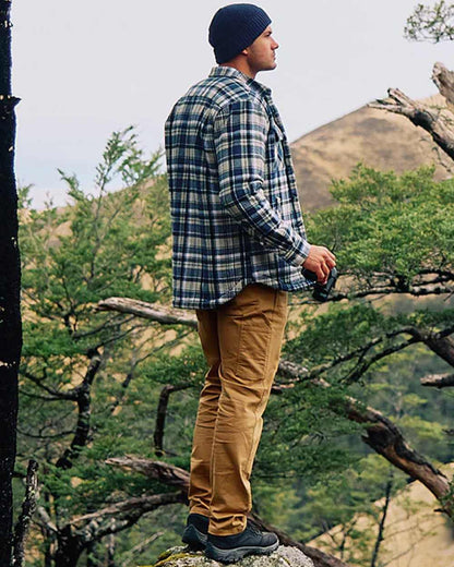 Navy Horizon Grey Coloured Swanndri Mens Morven Sherpa Long Sleeve Shirt on outdoor background 