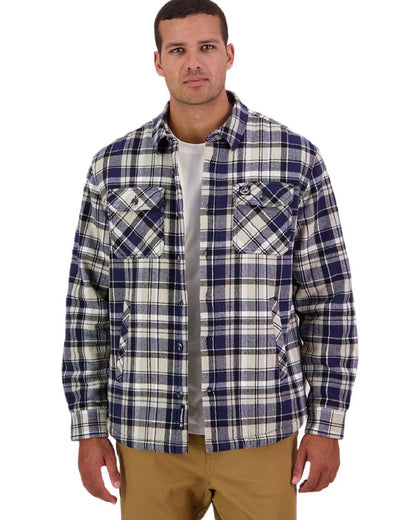 Navy Horizon Grey Coloured Swanndri Mens Morven Sherpa Long Sleeve Shirt on white background 