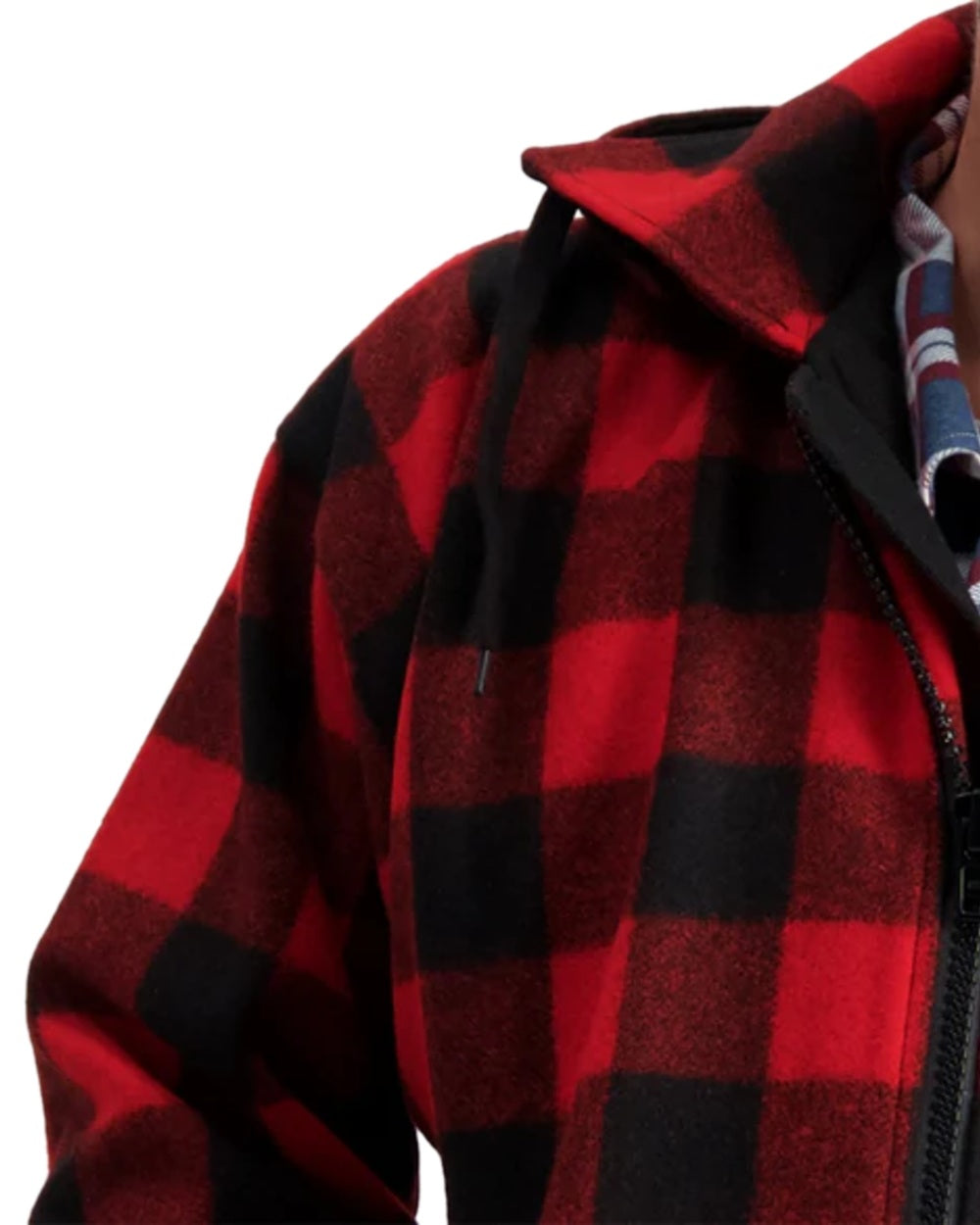 Red Black Check Coloured Swanndri Mens Mosgiel Wool Bushshirt with Zip-up Front on white background 