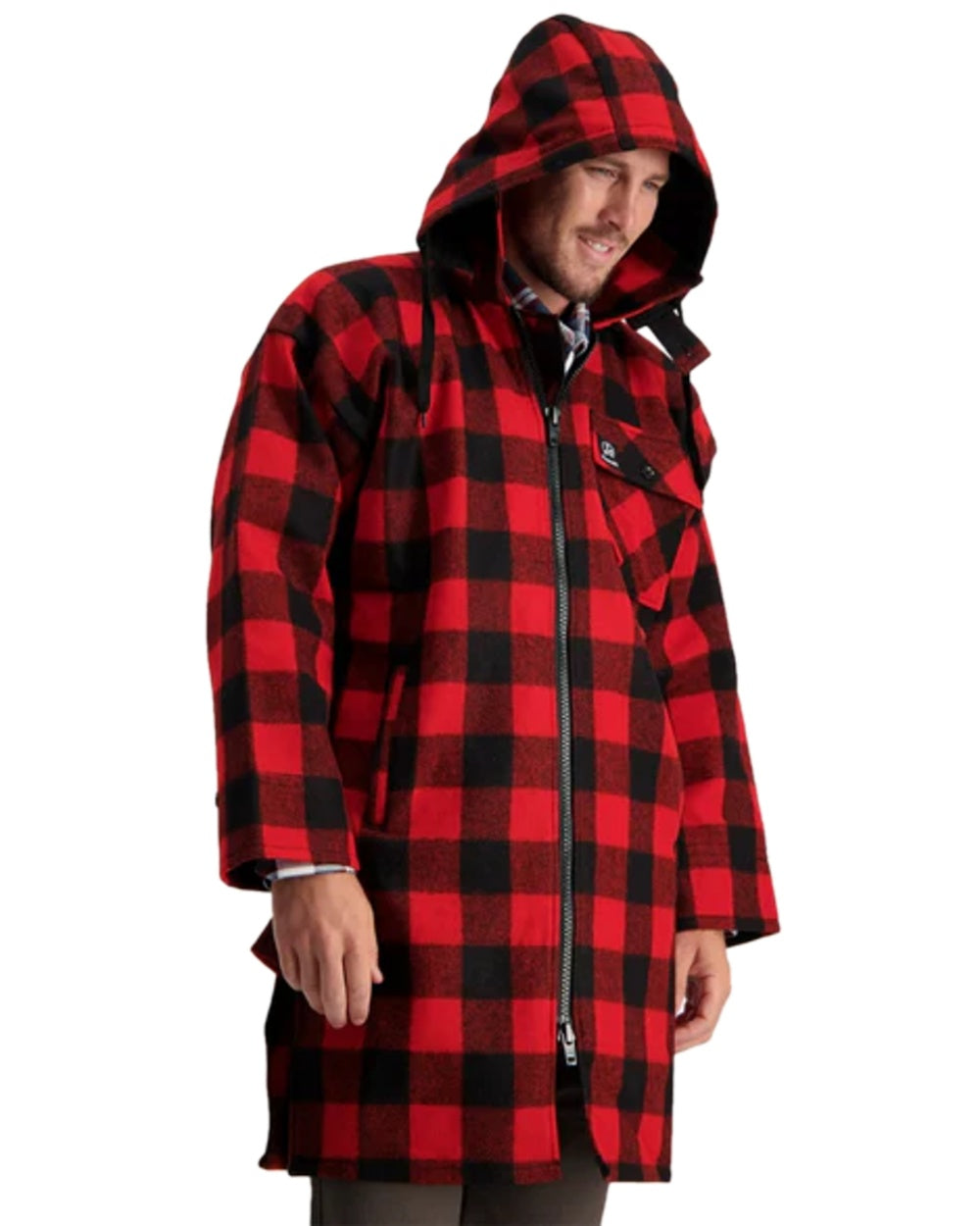 Red Black Check Coloured Swanndri Mens Mosgiel Wool Bushshirt with Zip-up Front on white background 