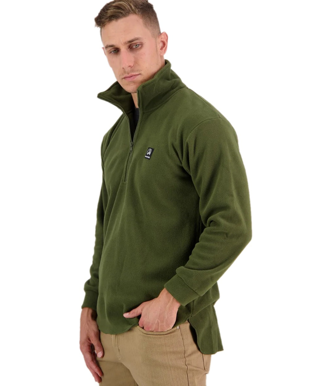 Olive Coloured Swanndri Mens Motu Fleece Pullover on white background 