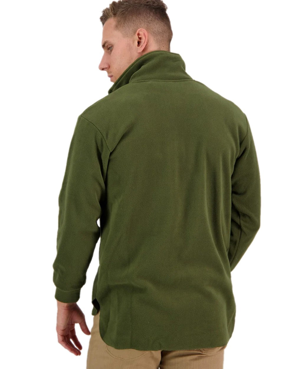 Olive Coloured Swanndri Mens Motu Fleece Pullover on white background 