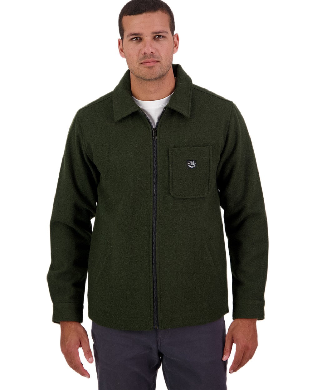 Dark Olive Coloured Swanndri Mens Northgate Wool Shacket on white background 