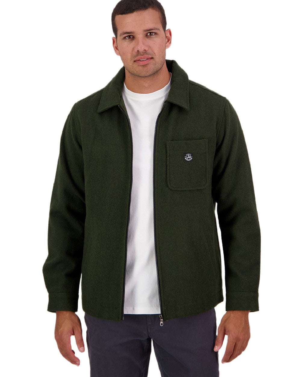 Dark Olive Coloured Swanndri Mens Northgate Wool Shacket on white background 