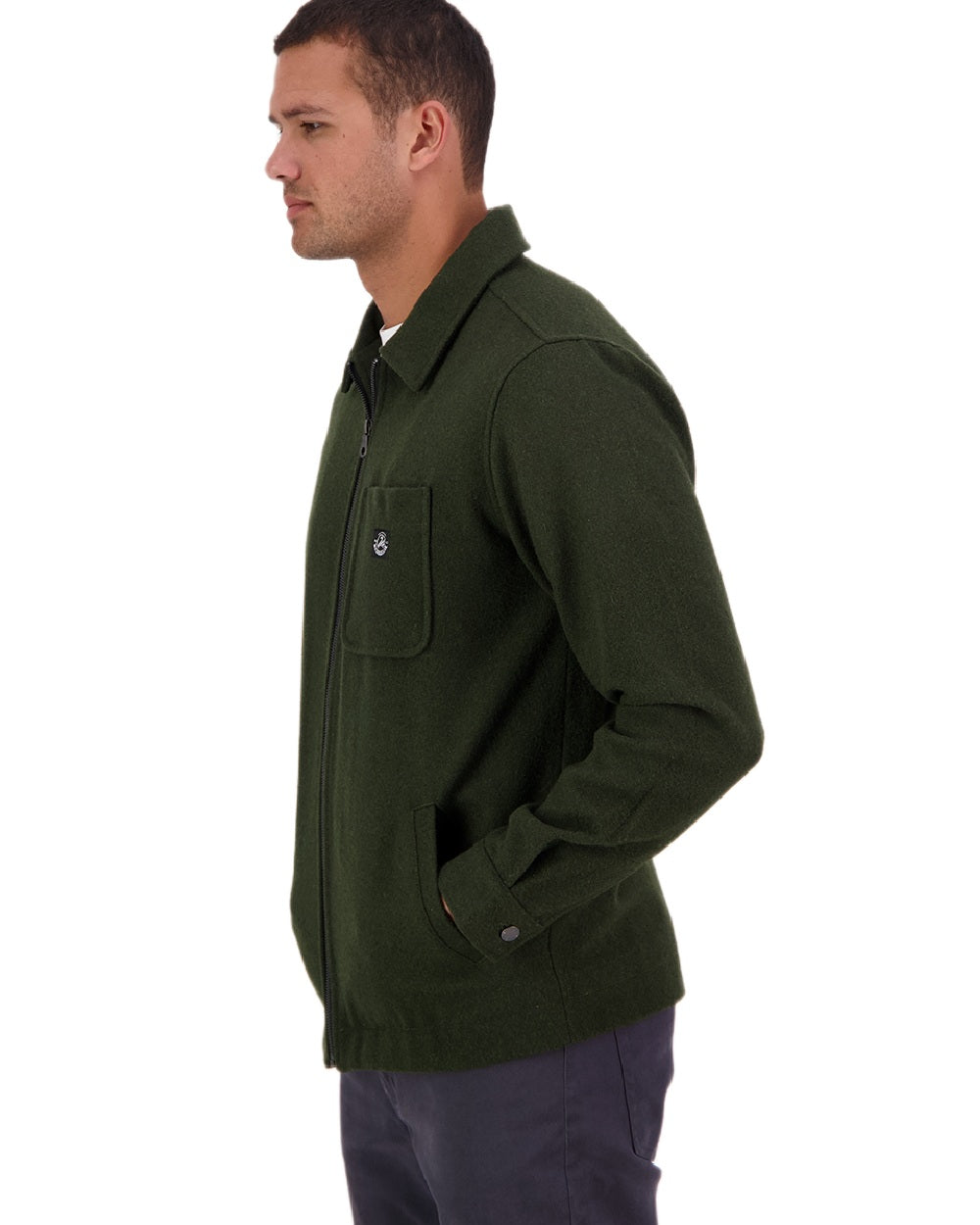 Dark Olive Coloured Swanndri Mens Northgate Wool Shacket on white background 