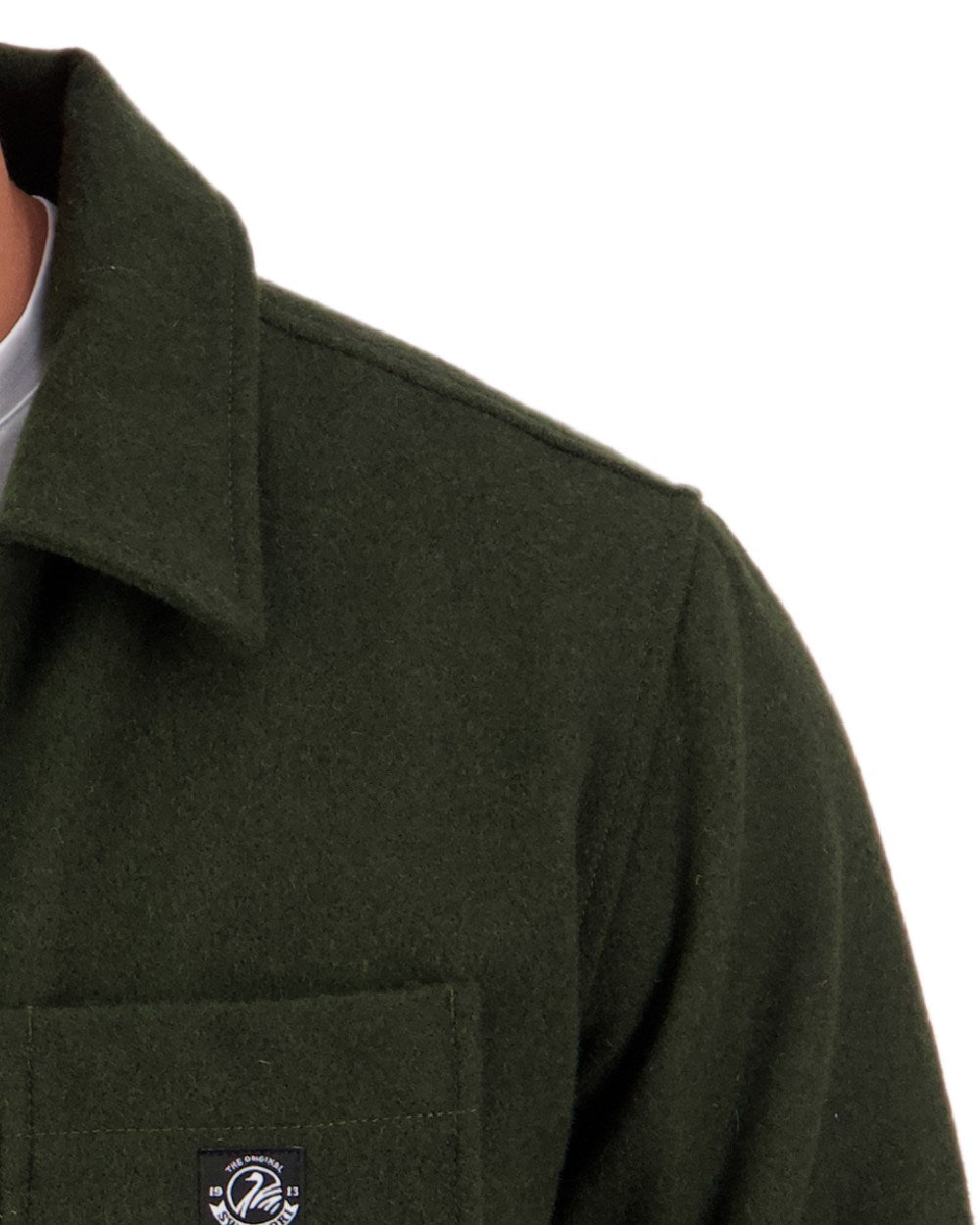 Dark Olive Coloured Swanndri Mens Northgate Wool Shacket on white background 