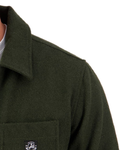 Dark Olive Coloured Swanndri Mens Northgate Wool Shacket on white background 