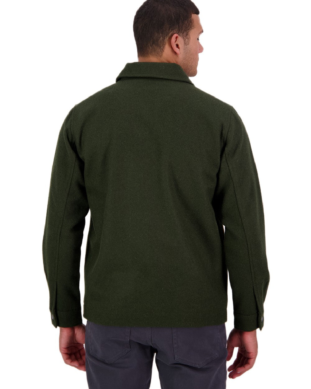 Dark Olive Coloured Swanndri Mens Northgate Wool Shacket on white background 