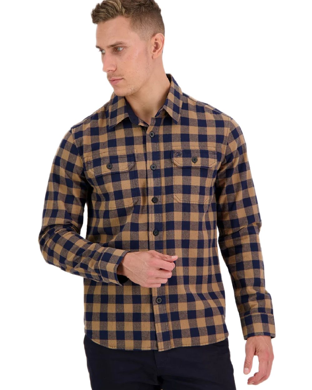 Gold Navy Coloured Swanndri Mens Okato V2 Long Sleeve Shirt on white background 