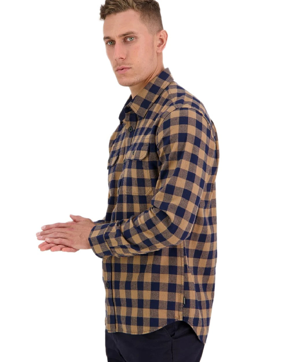 Gold Navy Coloured Swanndri Mens Okato V2 Long Sleeve Shirt on white background 