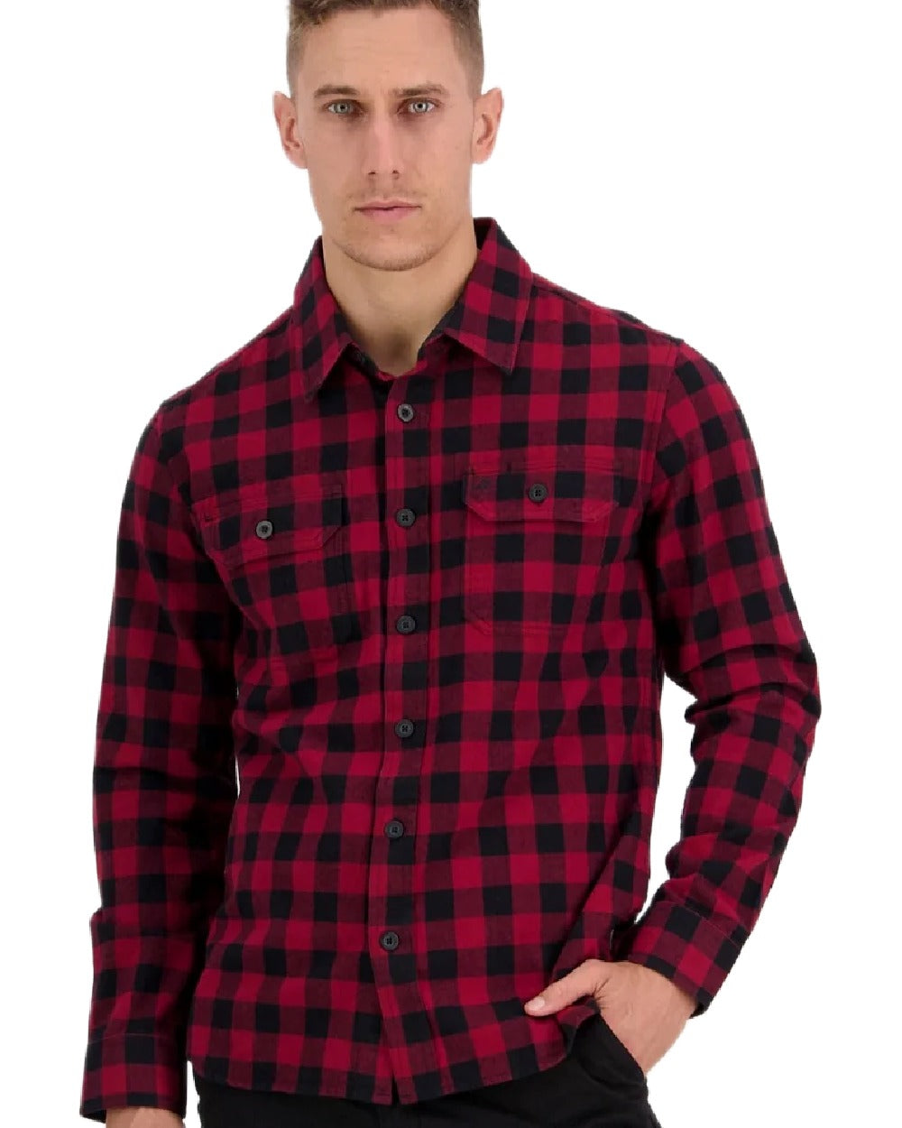 Oxblood Black Coloured Swanndri Mens Okato V2 Long Sleeve Shirt on white background 