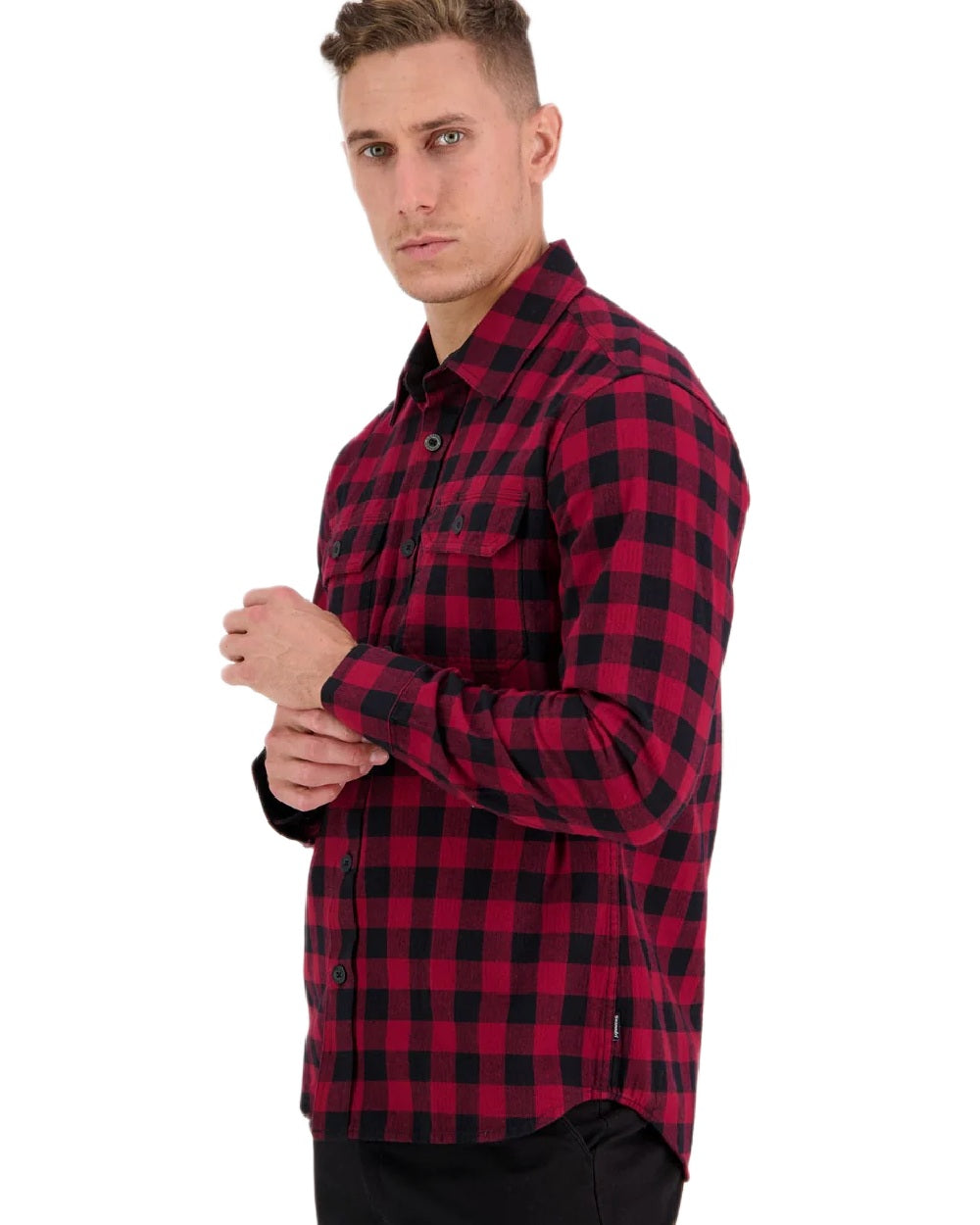 Oxblood Black Coloured Swanndri Mens Okato V2 Long Sleeve Shirt on white background 