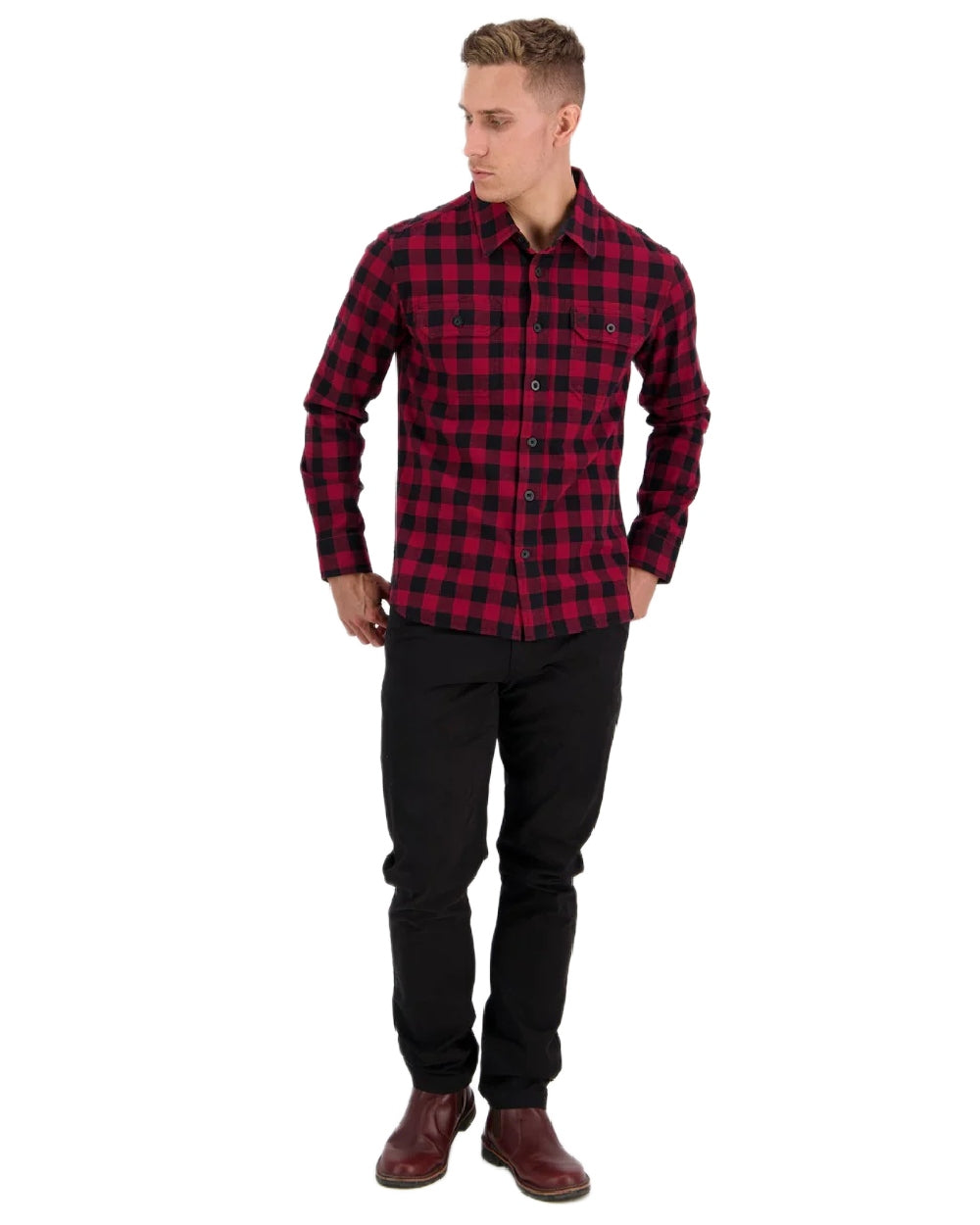 Oxblood Black Coloured Swanndri Mens Okato V2 Long Sleeve Shirt on white background 