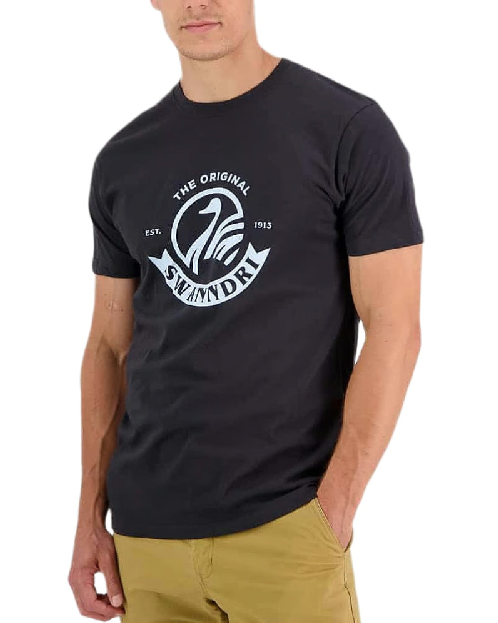 Washed Black Powder Coloured Swanndri Mens Original Print T Shirt on white background 