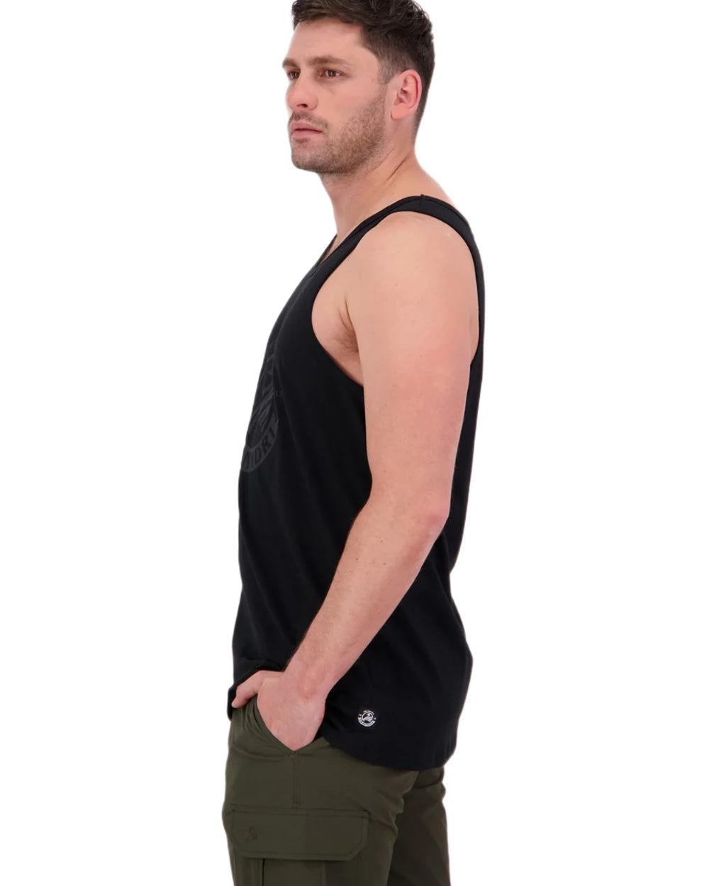 Black coloured Swanndri Mens Original Printed Singlet on white background 