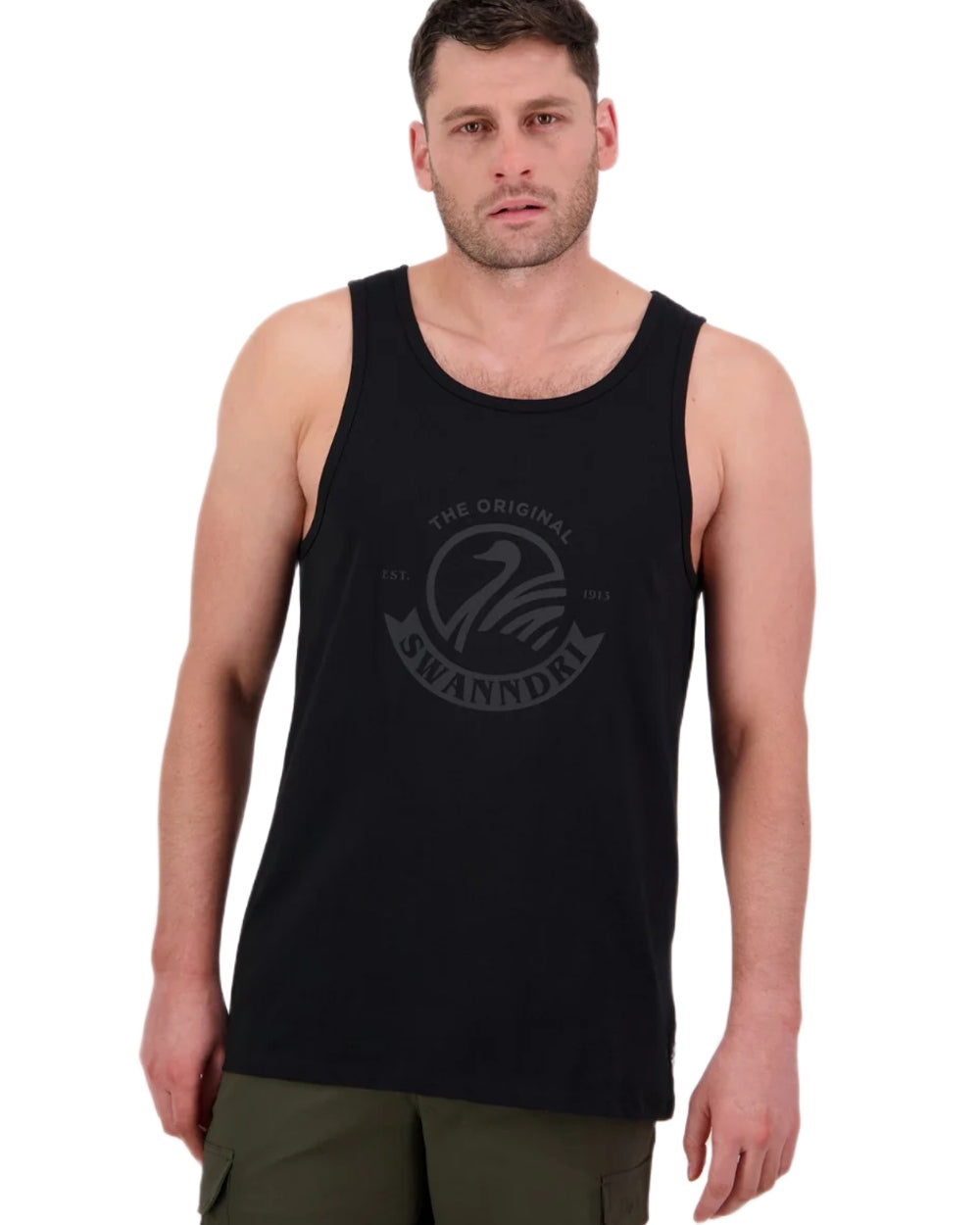 Black coloured Swanndri Mens Original Printed Singlet on white background 