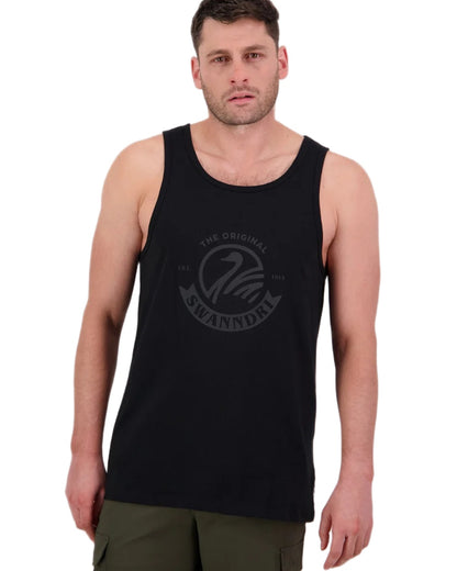 Black coloured Swanndri Mens Original Printed Singlet on white background 