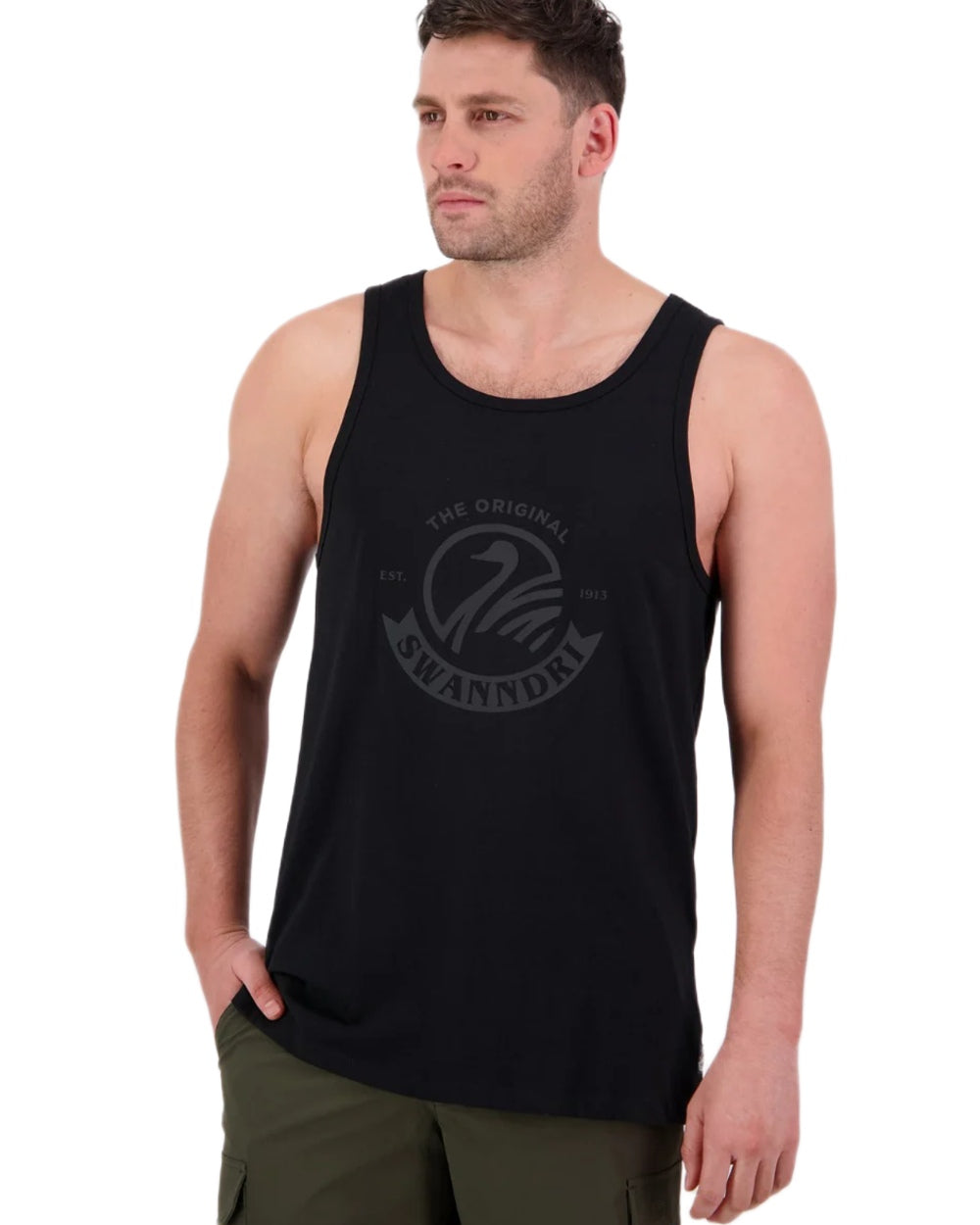 Black coloured Swanndri Mens Original Printed Singlet on white background 