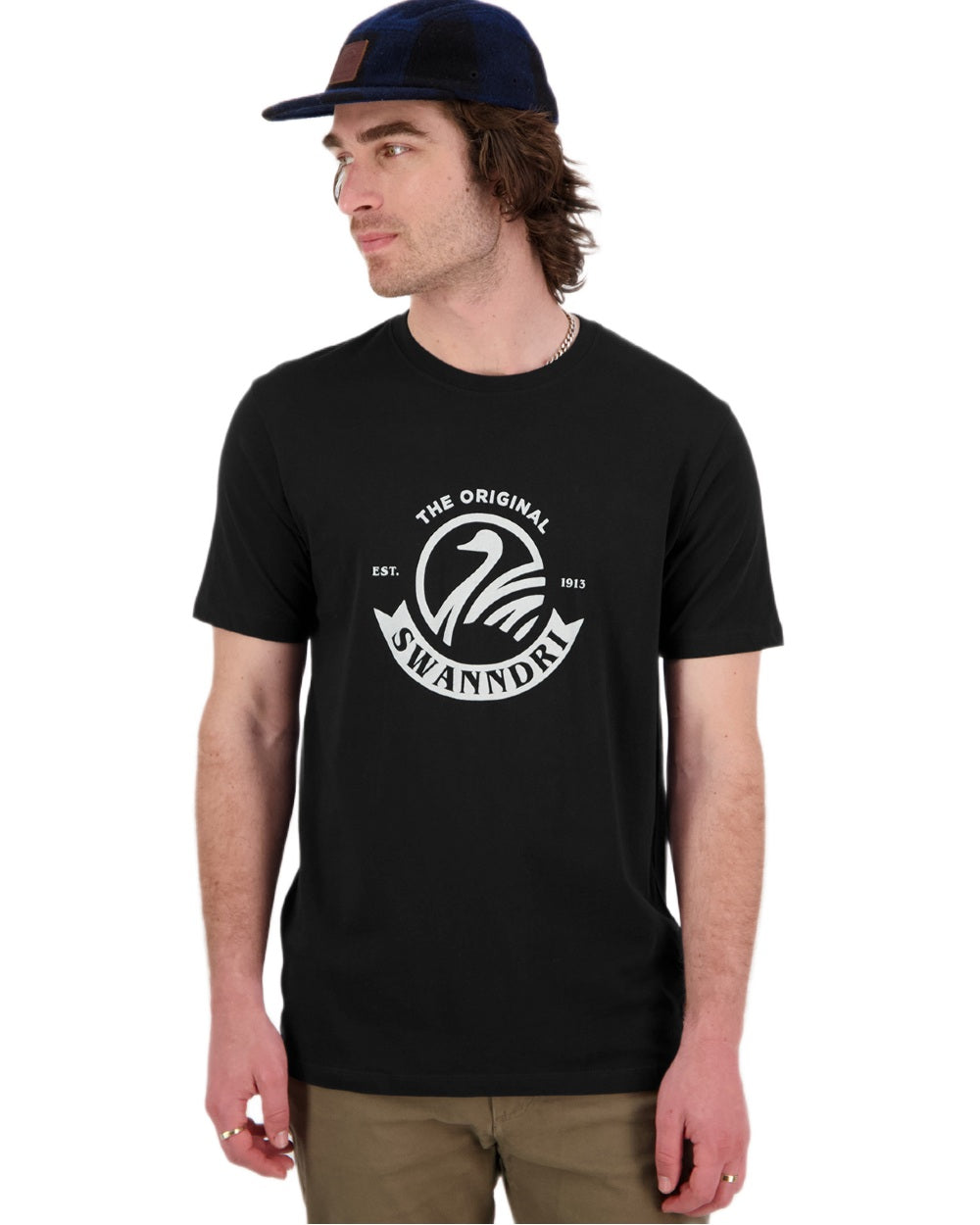 Black White Coloured Swanndri Mens Original V2 T-Shirt on white background 