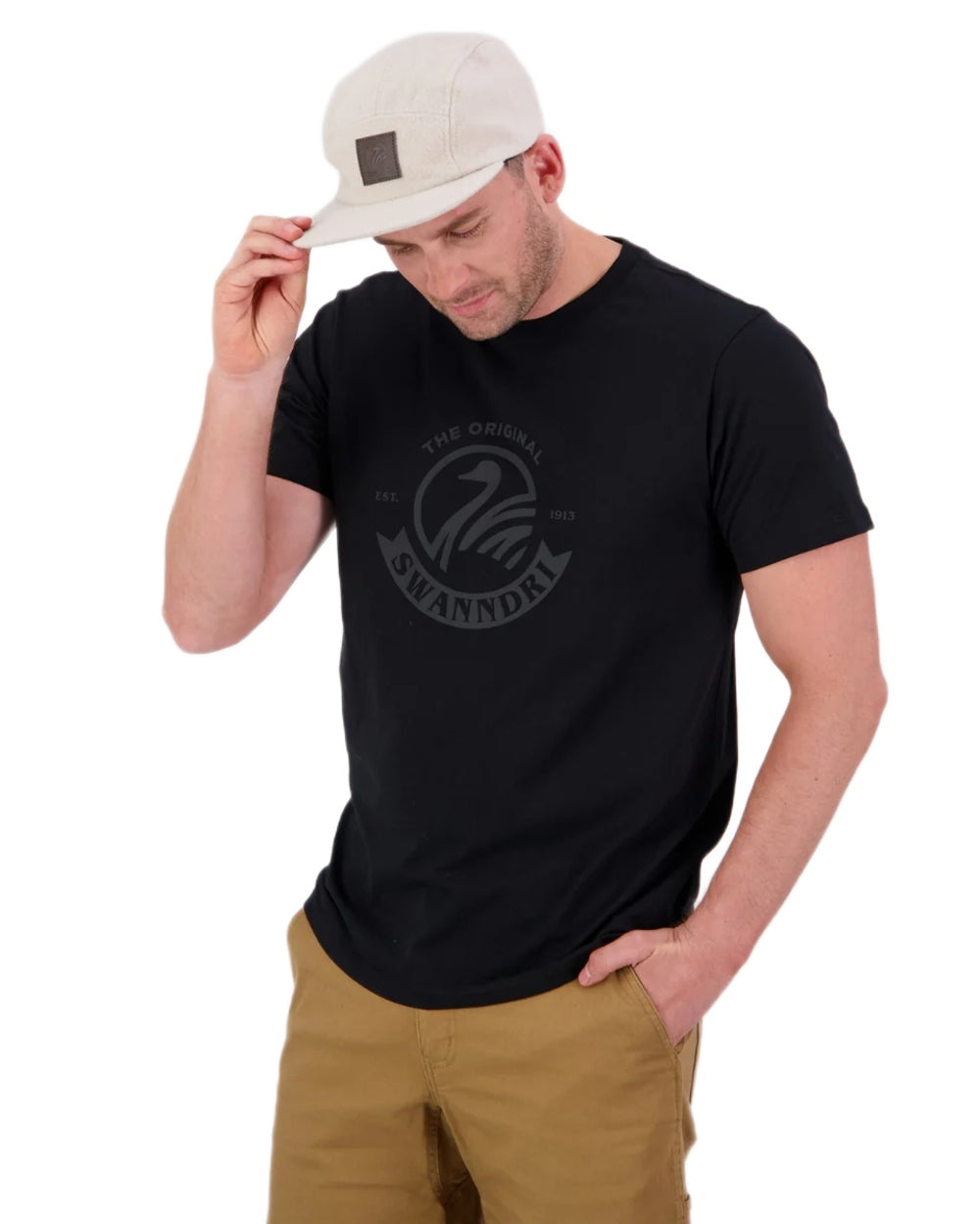 Black Coloured Swanndri Mens Original V2 T-Shirt on white background 
