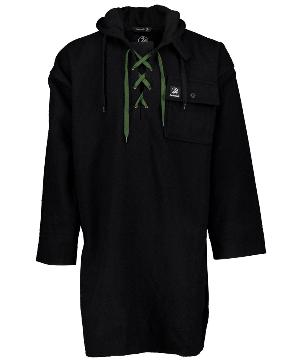 Black Coloured Swanndri Mens Original Wool Bushshirt With Lace-Up Front on white background 