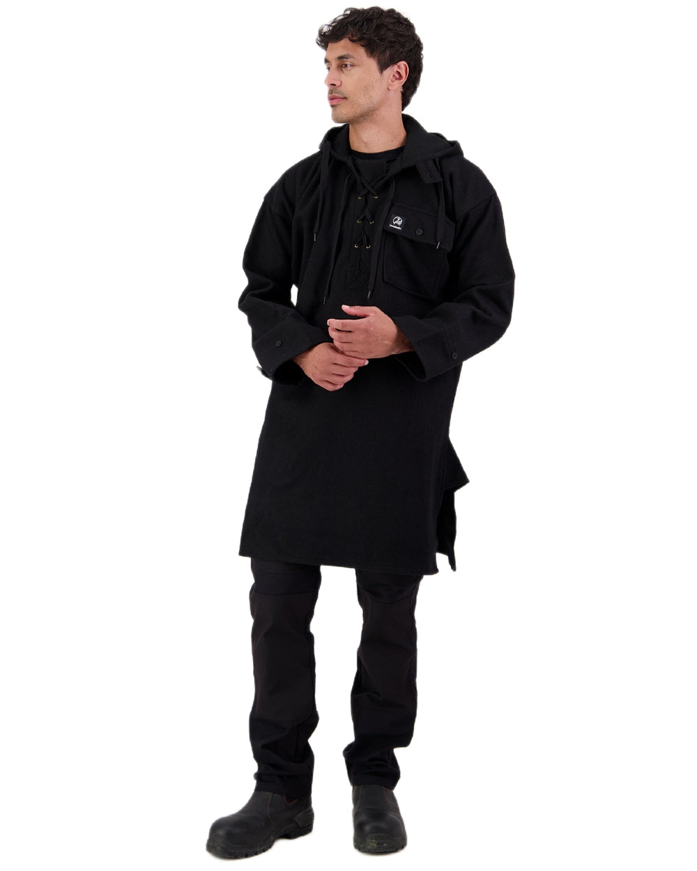 Black Coloured Swanndri Mens Original Wool Bushshirt With Lace-Up Front on white background 