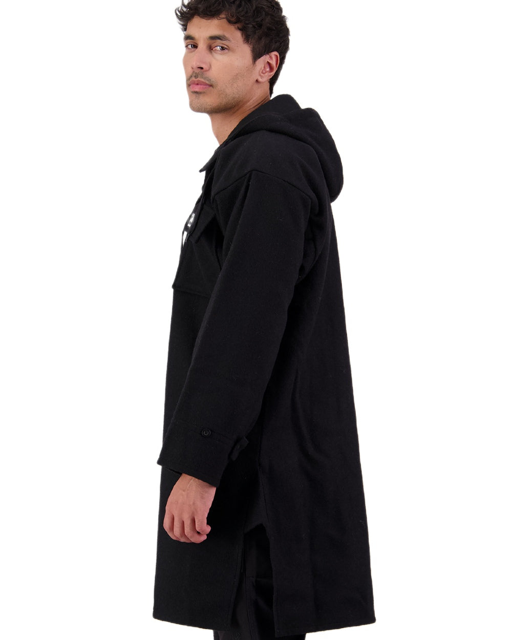 Black Coloured Swanndri Mens Original Wool Bushshirt With Lace-Up Front on white background 