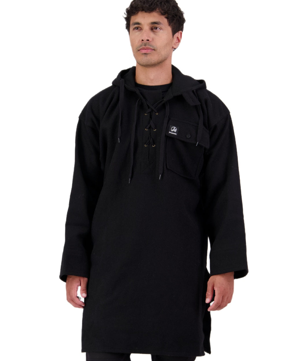 Black Coloured Swanndri Mens Original Wool Bushshirt With Lace-Up Front on white background 