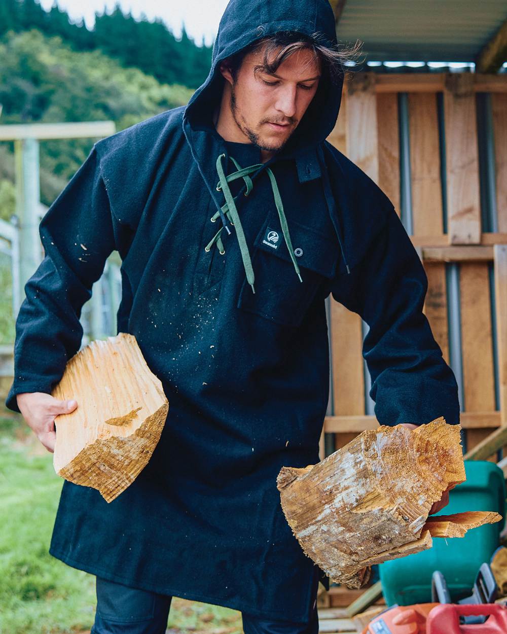 Black Coloured Swanndri Mens Original Wool Bushshirt With Lace-Up Front on outdoor background 
