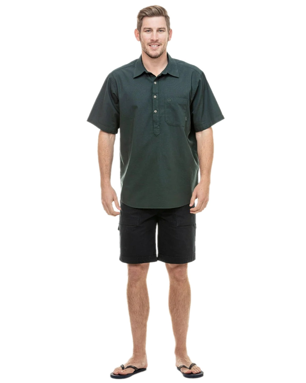 Forest Green Coloured Swanndri Mens Paihia Short Sleeve Shirt on white background 
