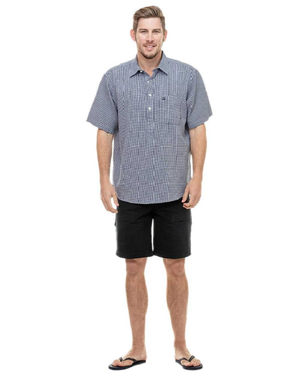Navy White Check Coloured Swanndri Mens Paihia Short Sleeve Shirt on white background 
