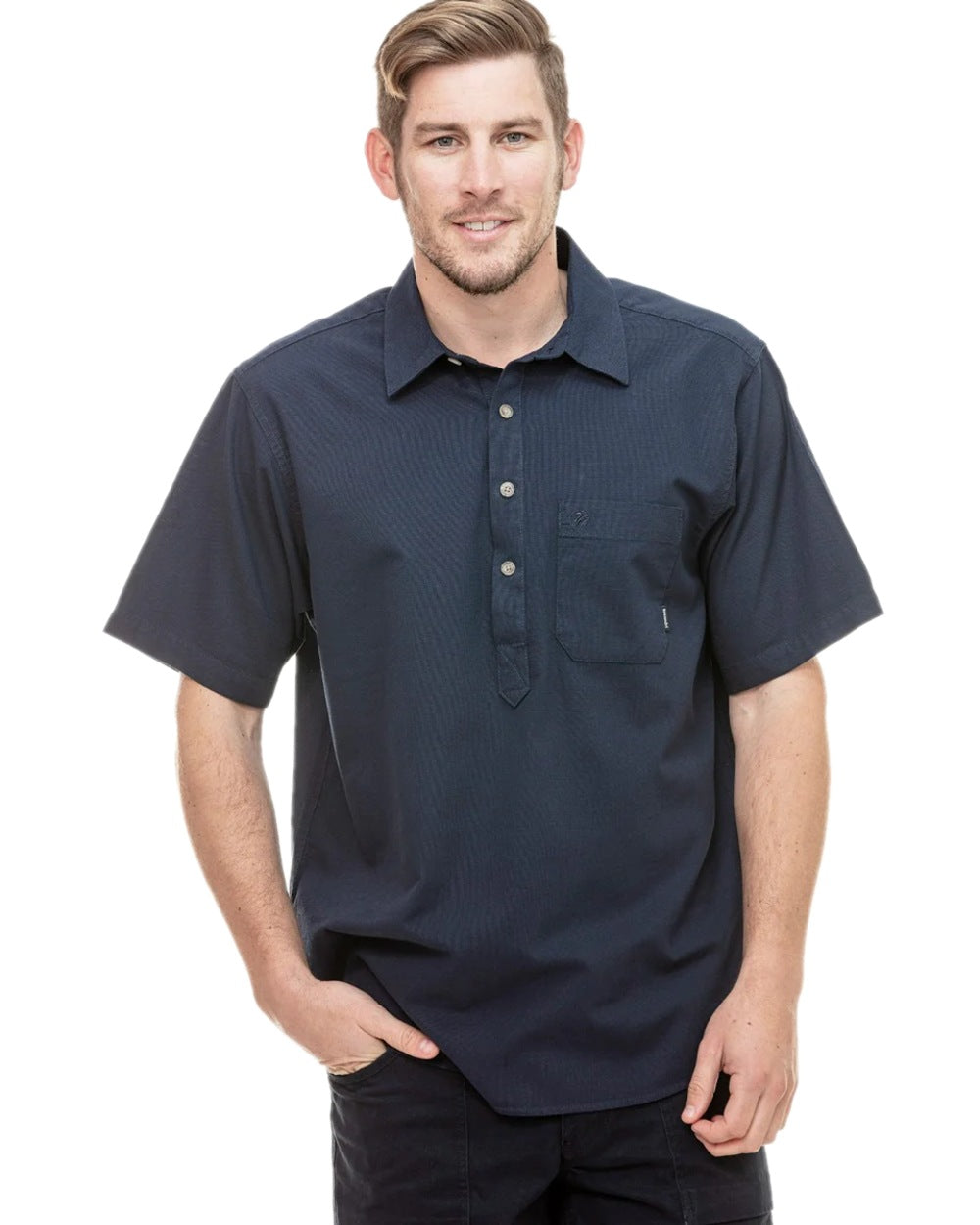 Navy Coloured Swanndri Mens Paihia Short Sleeve Shirt on white background 