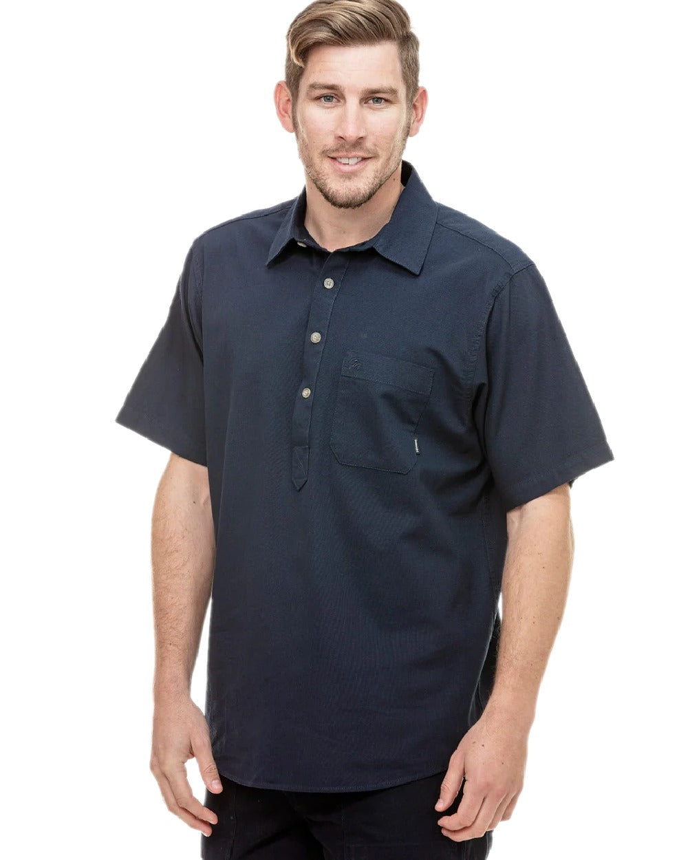 Navy Coloured Swanndri Mens Paihia Short Sleeve Shirt on white background 