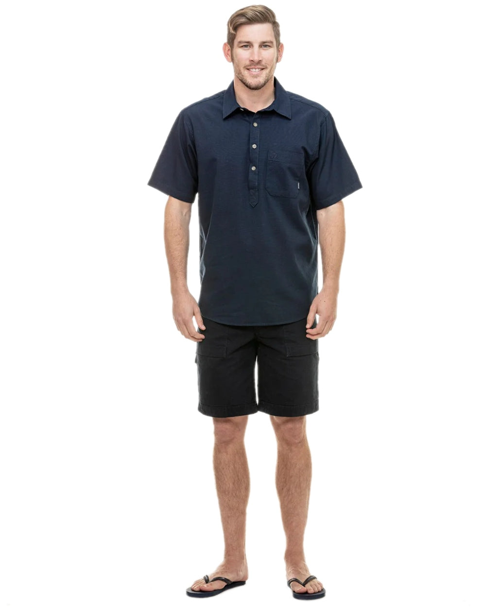 Navy Coloured Swanndri Mens Paihia Short Sleeve Shirt on white background 