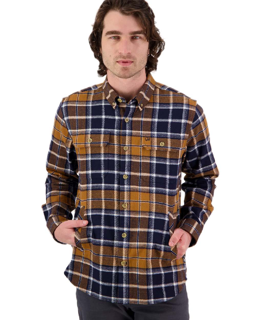 Tan Coloured Swanndri Mens Pencarrow Long Sleeved Shacket on white background 