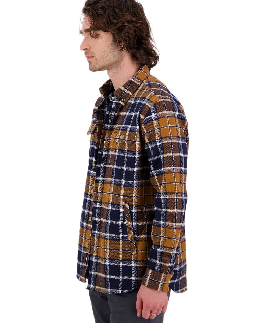 Tan Coloured Swanndri Mens Pencarrow Long Sleeved Shacket on white background 