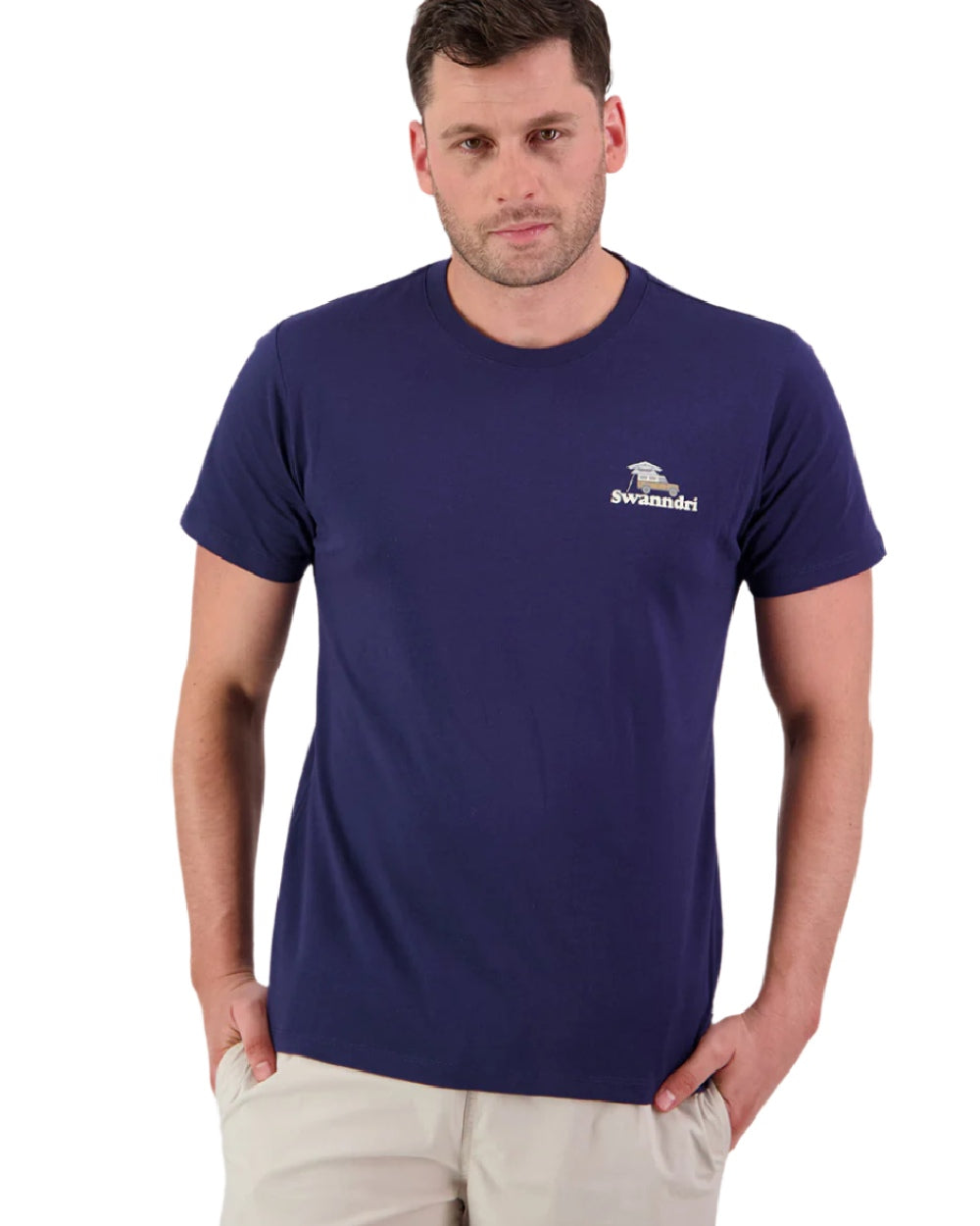 Navy Light Taupe Coloured Swanndri Mens Pop Top Printed T Shirt on white background 