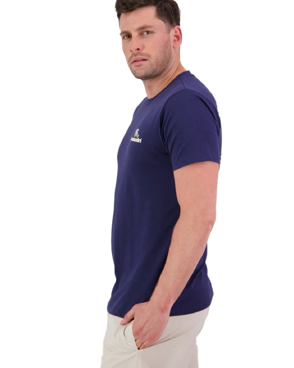 Navy Light Taupe Coloured Swanndri Mens Pop Top Printed T Shirt on white background 